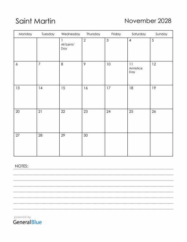 November 2028 Saint Martin Calendar with Holidays (Monday Start)
