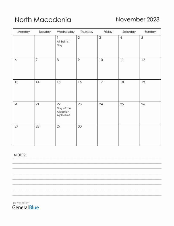 November 2028 North Macedonia Calendar with Holidays (Monday Start)