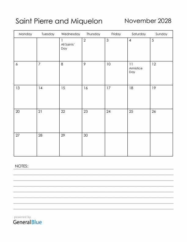 November 2028 Saint Pierre and Miquelon Calendar with Holidays (Monday Start)