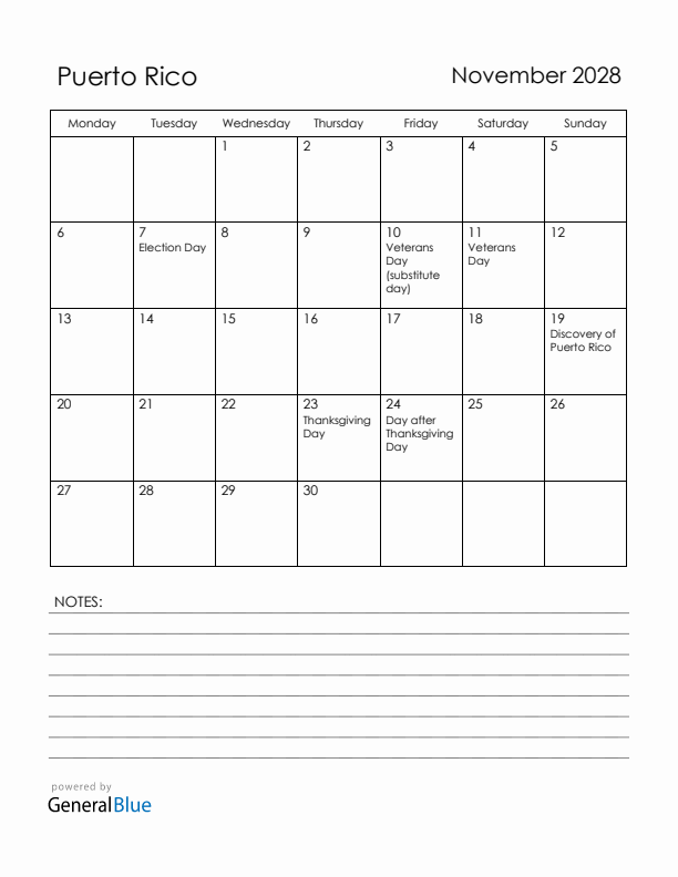 November 2028 Puerto Rico Calendar with Holidays (Monday Start)
