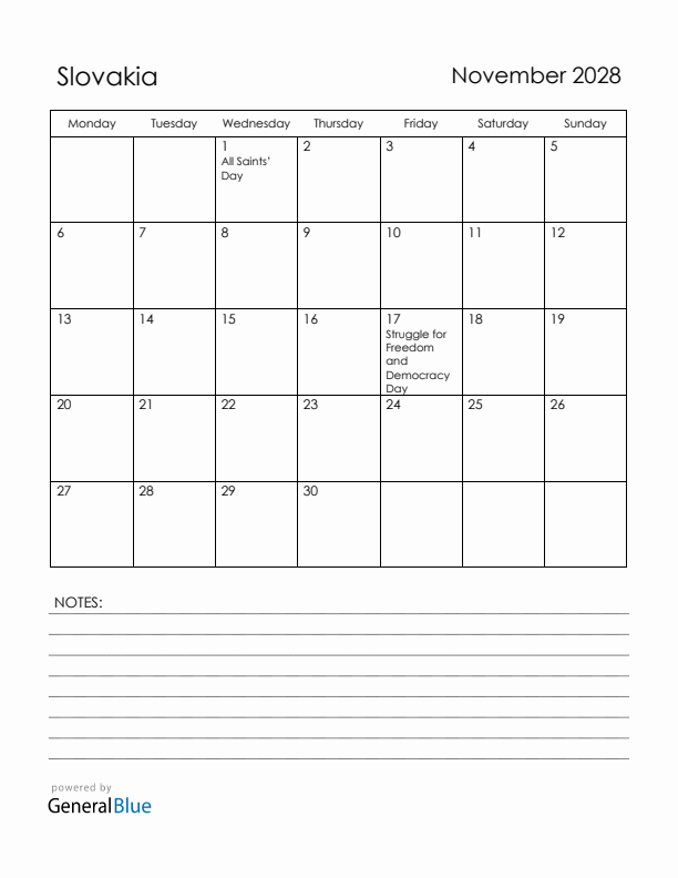 November 2028 Slovakia Calendar with Holidays (Monday Start)