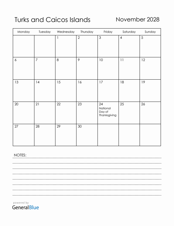 November 2028 Turks and Caicos Islands Calendar with Holidays (Monday Start)