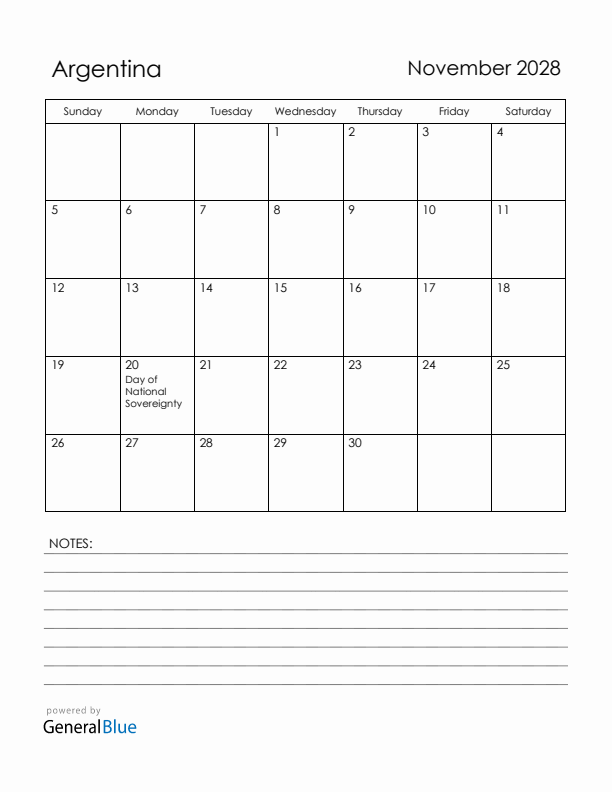 November 2028 Argentina Calendar with Holidays (Sunday Start)