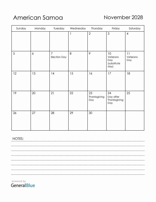 November 2028 American Samoa Calendar with Holidays (Sunday Start)