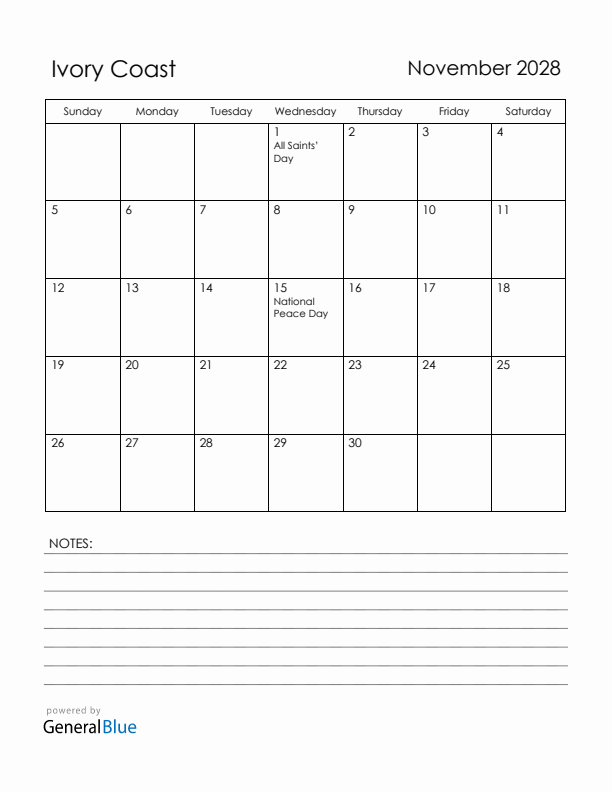 November 2028 Ivory Coast Calendar with Holidays (Sunday Start)