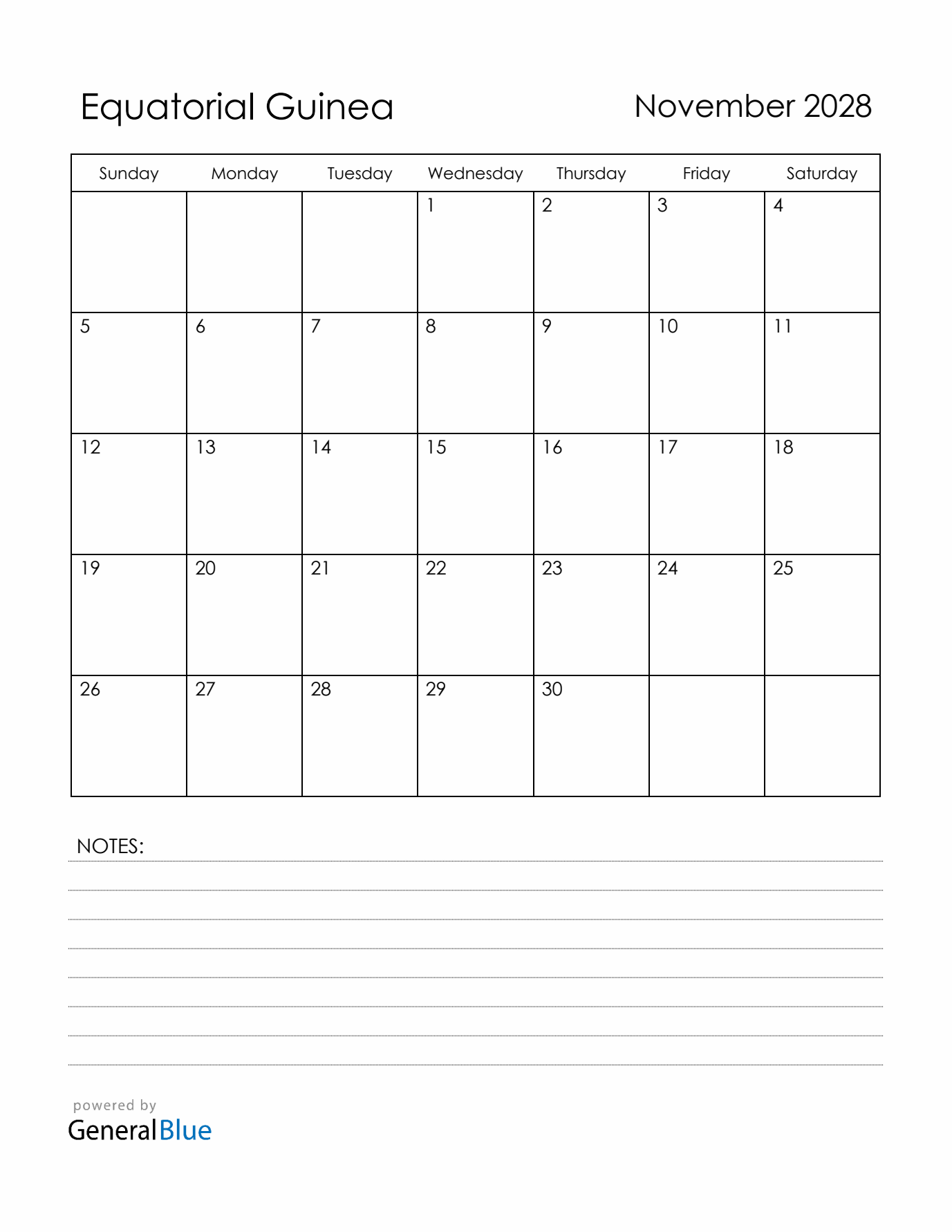 November 2028 Equatorial Guinea Calendar with Holidays (Sunday Start)
