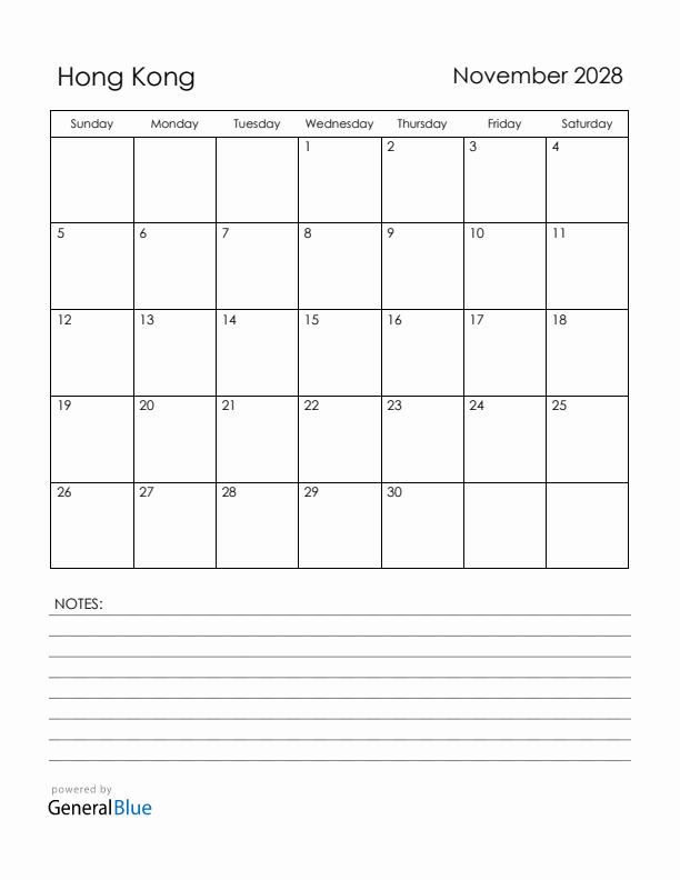 November 2028 Hong Kong Calendar with Holidays (Sunday Start)