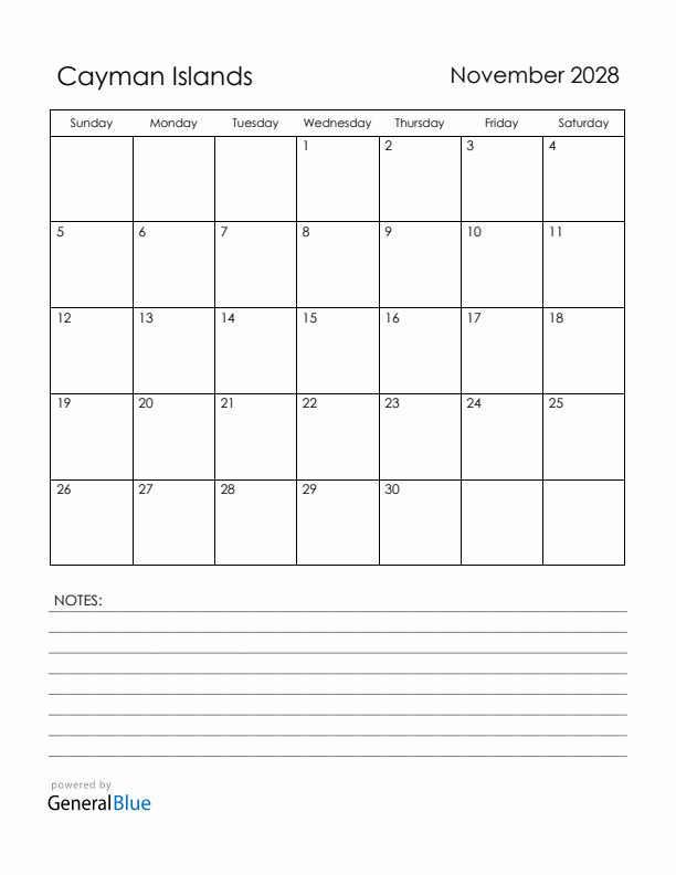 November 2028 Cayman Islands Calendar with Holidays (Sunday Start)