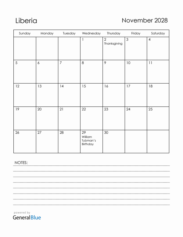 November 2028 Liberia Calendar with Holidays (Sunday Start)