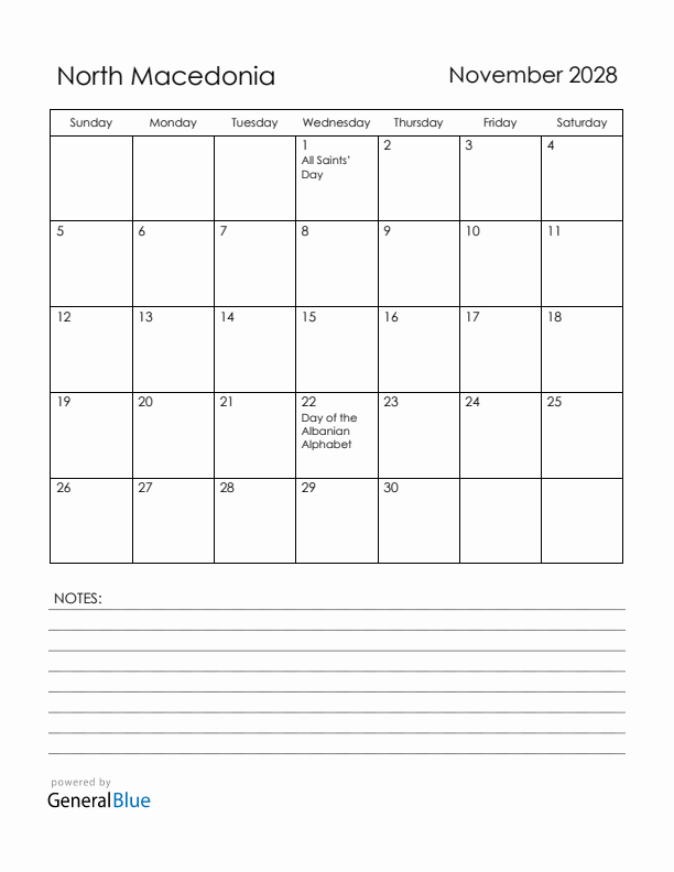 November 2028 North Macedonia Calendar with Holidays (Sunday Start)