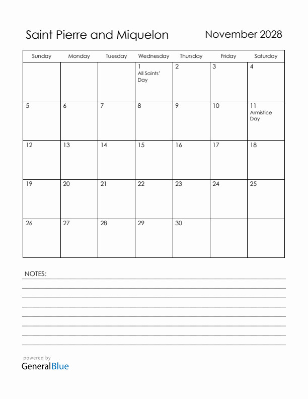 November 2028 Saint Pierre and Miquelon Calendar with Holidays (Sunday Start)
