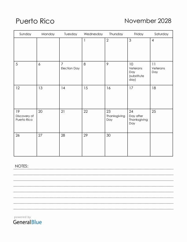 November 2028 Puerto Rico Calendar with Holidays (Sunday Start)