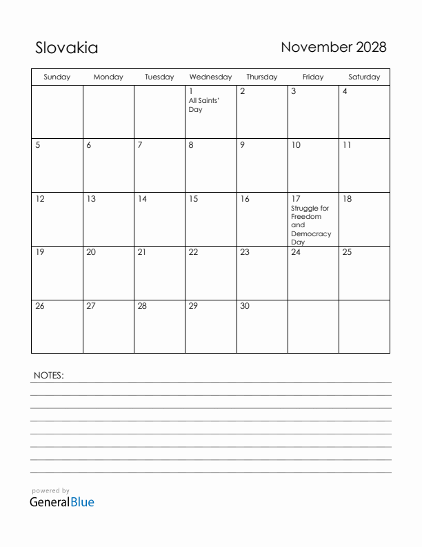 November 2028 Slovakia Calendar with Holidays (Sunday Start)