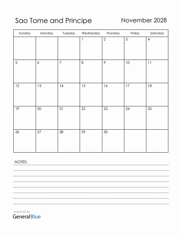 November 2028 Sao Tome and Principe Calendar with Holidays (Sunday Start)