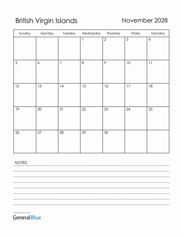 November 2028 British Virgin Islands Calendar with Holidays (Sunday Start)