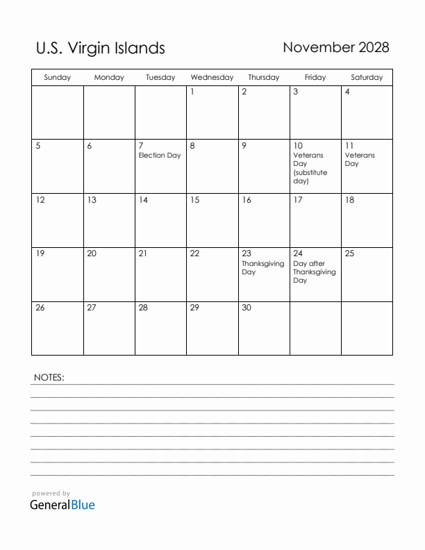 November 2028 U.S. Virgin Islands Calendar with Holidays (Sunday Start)