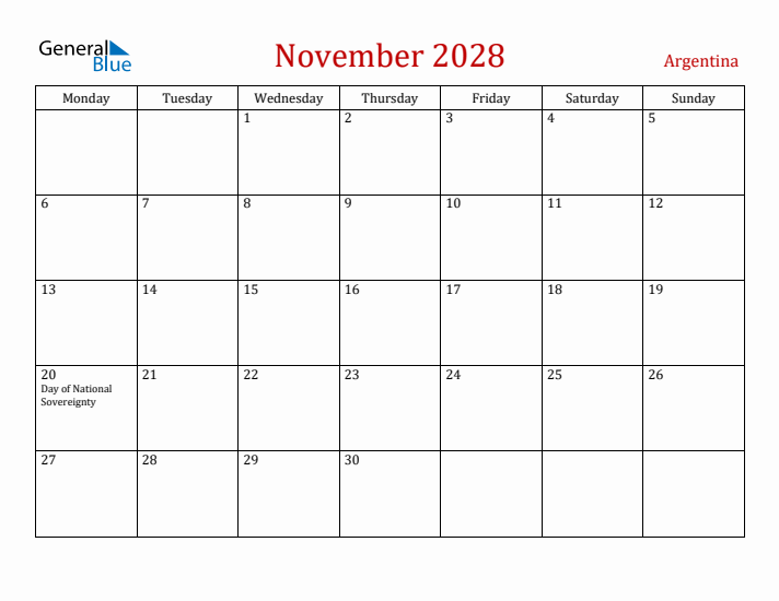 Argentina November 2028 Calendar - Monday Start