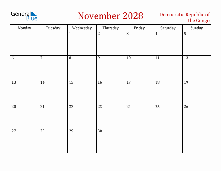 Democratic Republic of the Congo November 2028 Calendar - Monday Start