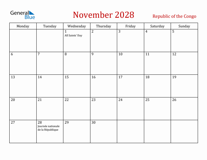 Republic of the Congo November 2028 Calendar - Monday Start