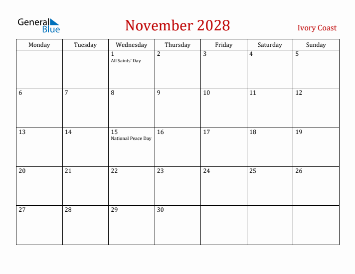 Ivory Coast November 2028 Calendar - Monday Start