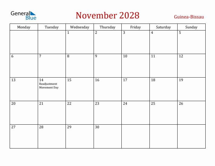 Guinea-Bissau November 2028 Calendar - Monday Start