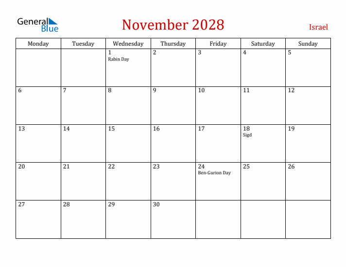 Israel November 2028 Calendar - Monday Start