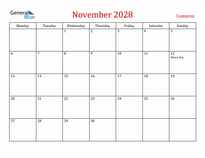 Comoros November 2028 Calendar - Monday Start