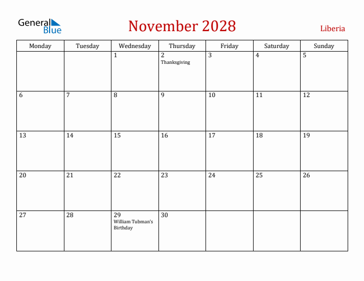 Liberia November 2028 Calendar - Monday Start