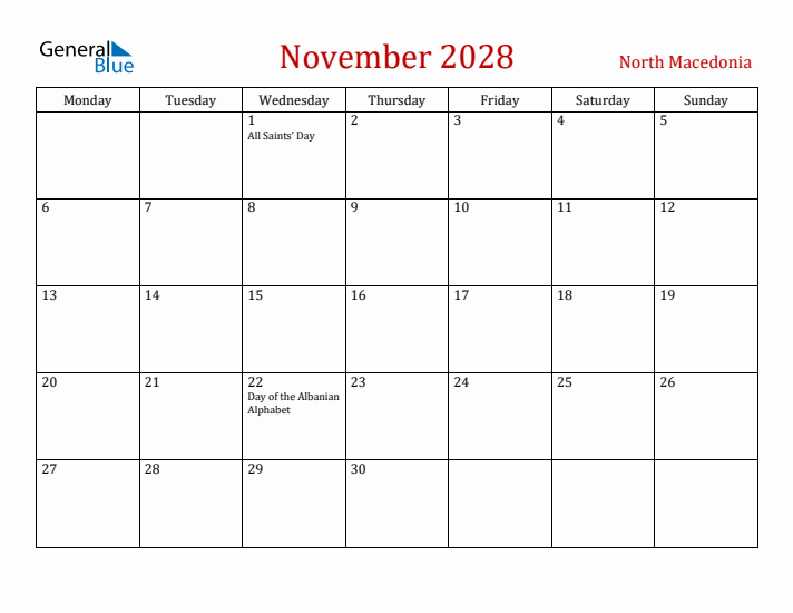 North Macedonia November 2028 Calendar - Monday Start