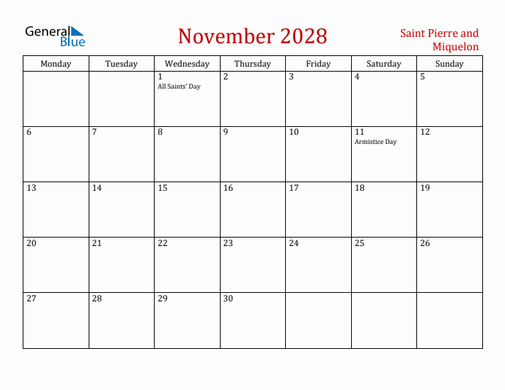 Saint Pierre and Miquelon November 2028 Calendar - Monday Start