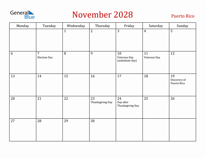Puerto Rico November 2028 Calendar - Monday Start