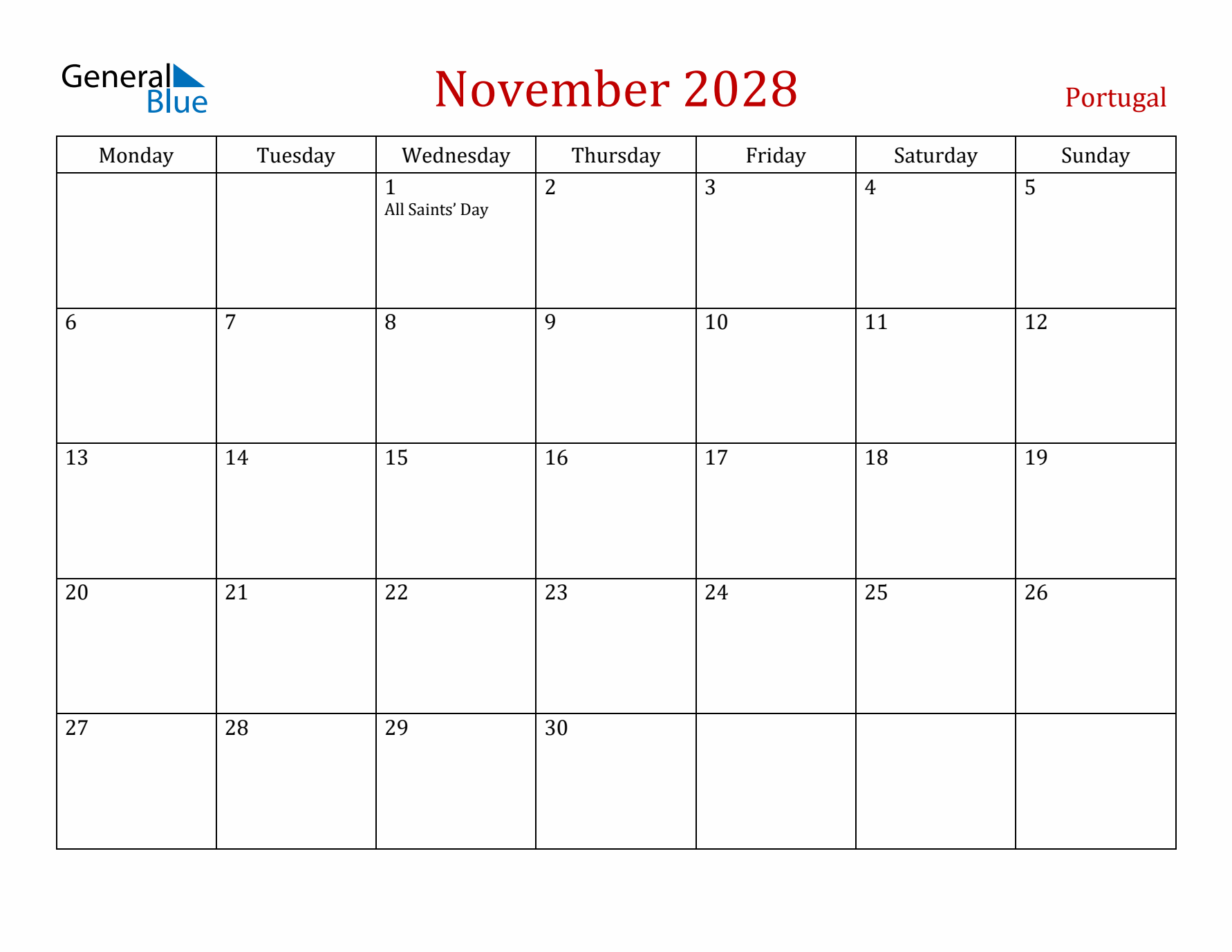Portugal November 2028 Calendar - Monday Start
