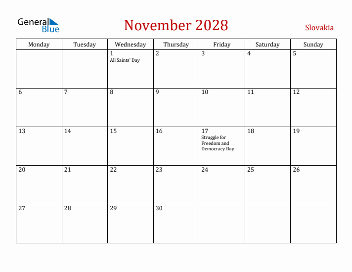Slovakia November 2028 Calendar - Monday Start