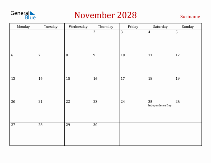 Suriname November 2028 Calendar - Monday Start