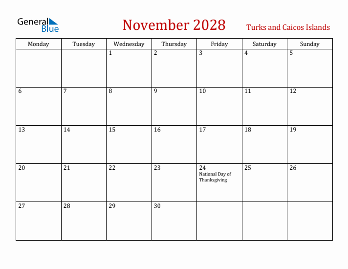 Turks and Caicos Islands November 2028 Calendar - Monday Start