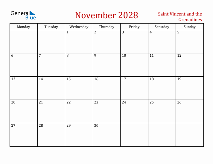 Saint Vincent and the Grenadines November 2028 Calendar - Monday Start