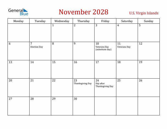 U.S. Virgin Islands November 2028 Calendar - Monday Start
