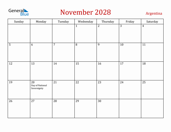 Argentina November 2028 Calendar - Sunday Start
