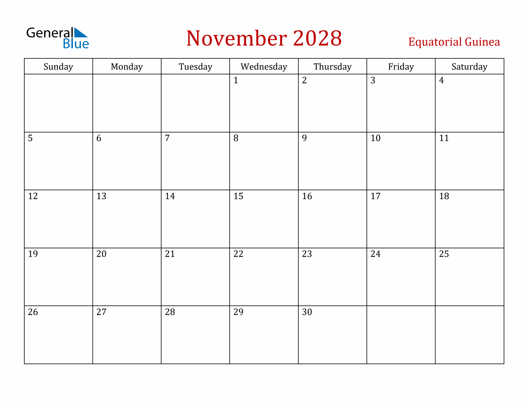 Equatorial Guinea November 2028 Calendar - Sunday Start