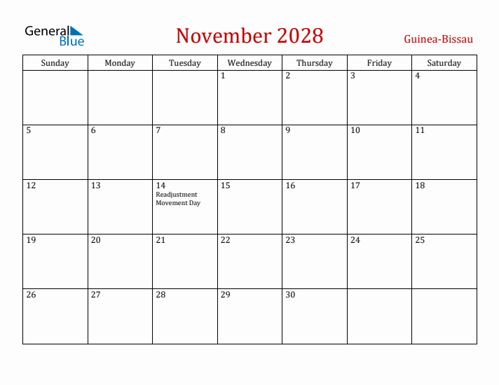 Guinea-Bissau November 2028 Calendar - Sunday Start