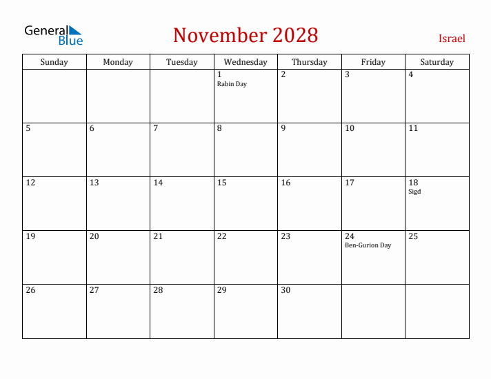Israel November 2028 Calendar - Sunday Start