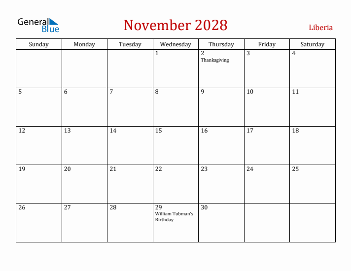 Liberia November 2028 Calendar - Sunday Start