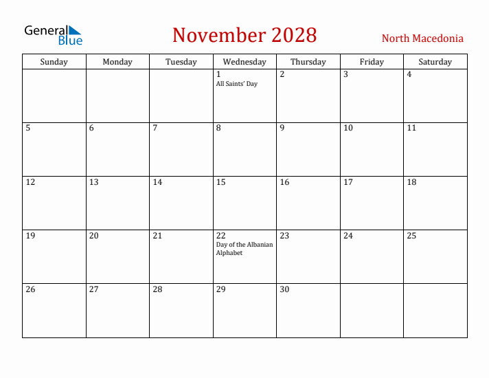 North Macedonia November 2028 Calendar - Sunday Start
