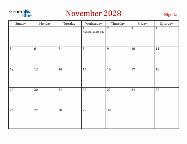 Nigeria November 2028 Calendar - Sunday Start