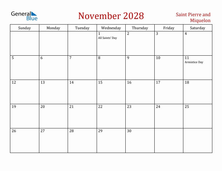 Saint Pierre and Miquelon November 2028 Calendar - Sunday Start