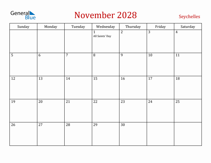 Seychelles November 2028 Calendar - Sunday Start