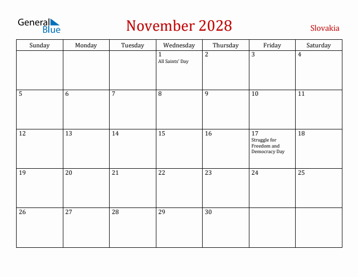 Slovakia November 2028 Calendar - Sunday Start