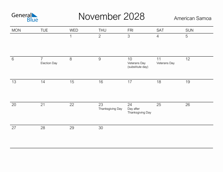 Printable November 2028 Calendar for American Samoa