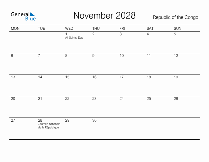 Printable November 2028 Calendar for Republic of the Congo