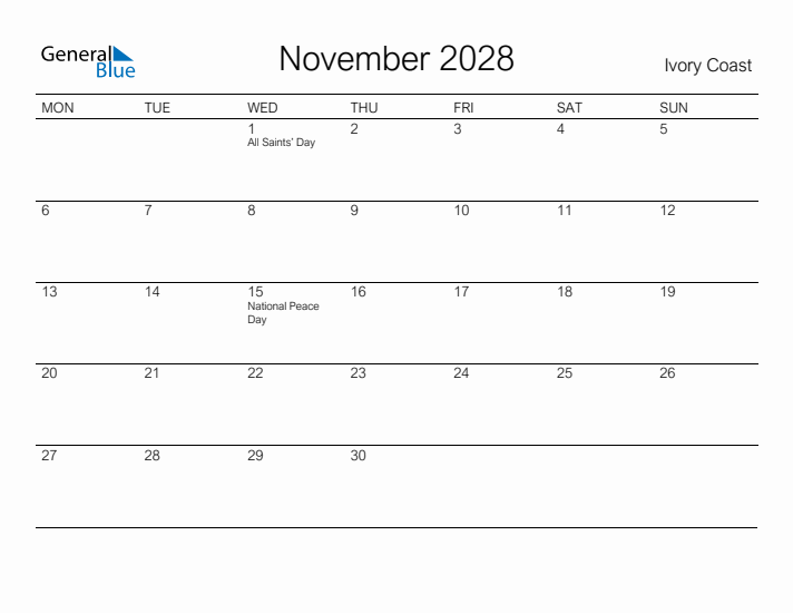 Printable November 2028 Calendar for Ivory Coast